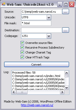 Web-Sam: конвертер Unicode2Ansi или Utf2Ansi с английским интерфейсом